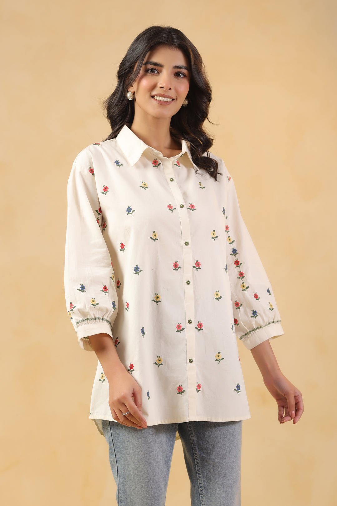Off White Cotton Embroidered Shirt Top