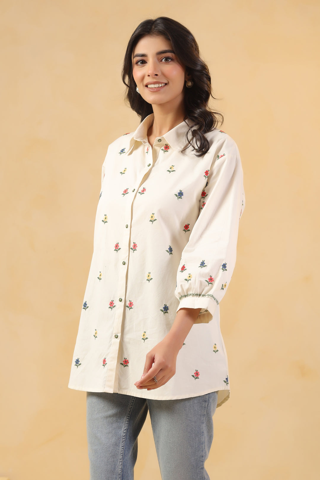 Off White Cotton Embroidered Shirt Top