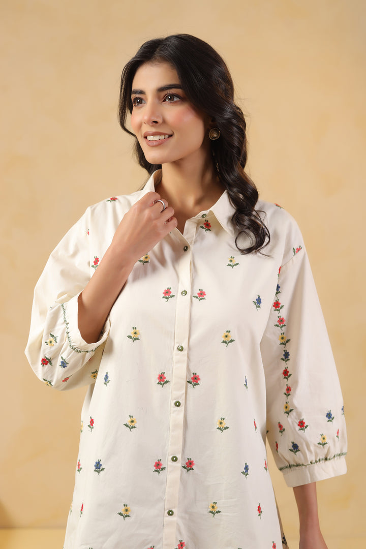 Off White Cotton Embroidered Shirt Top
