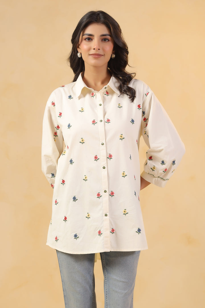 Off White Cotton Embroidered Shirt Top