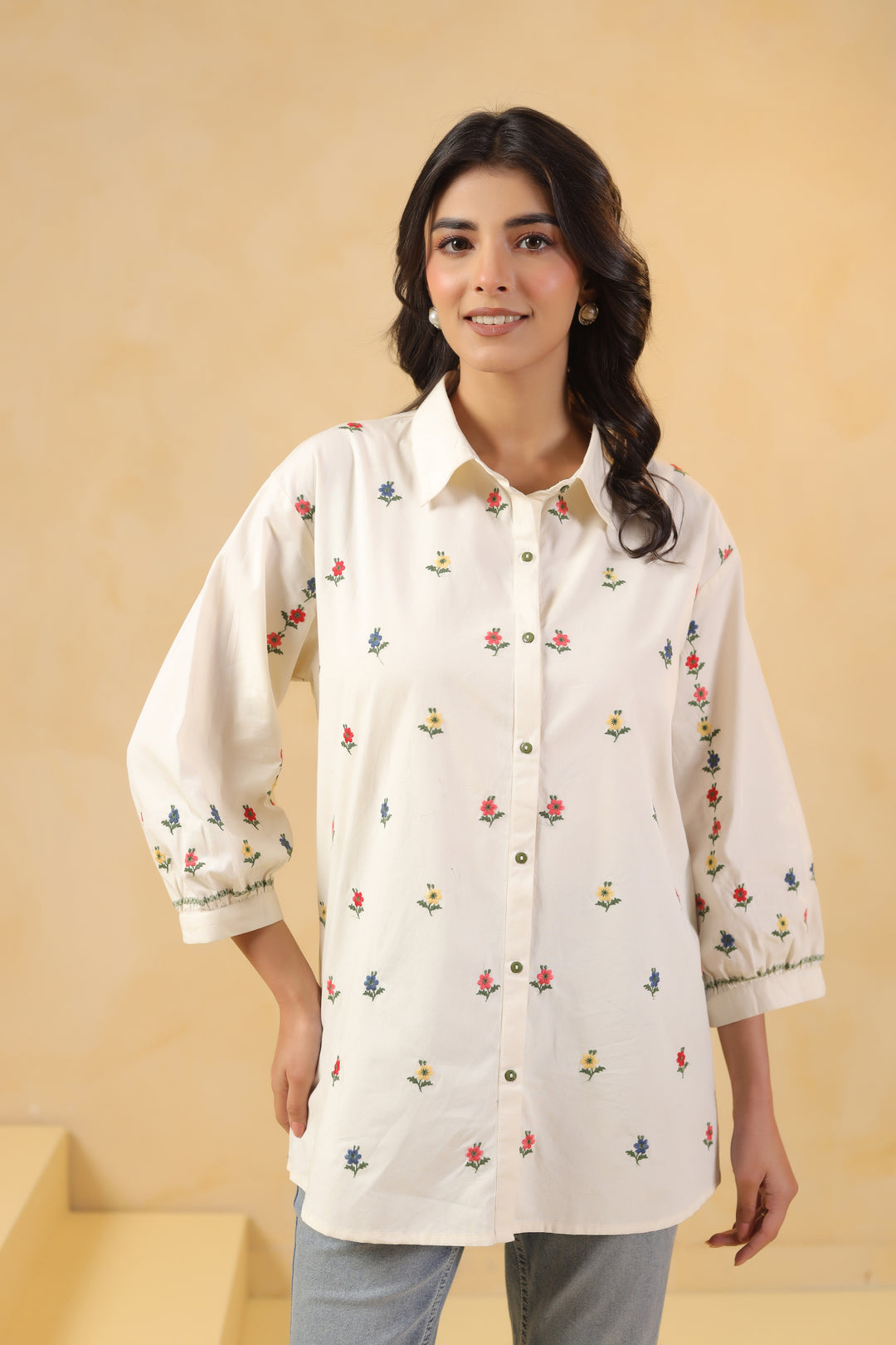 Off White Cotton Embroidered Shirt Top