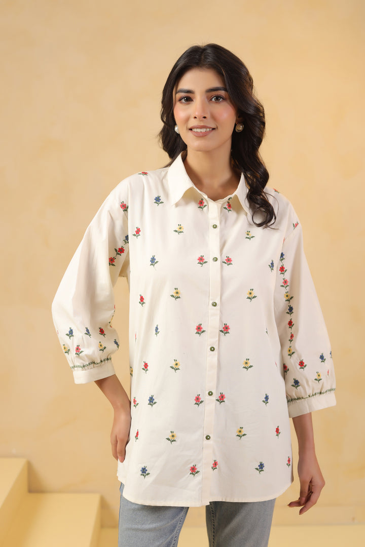 Off White Cotton Embroidered Shirt Top
