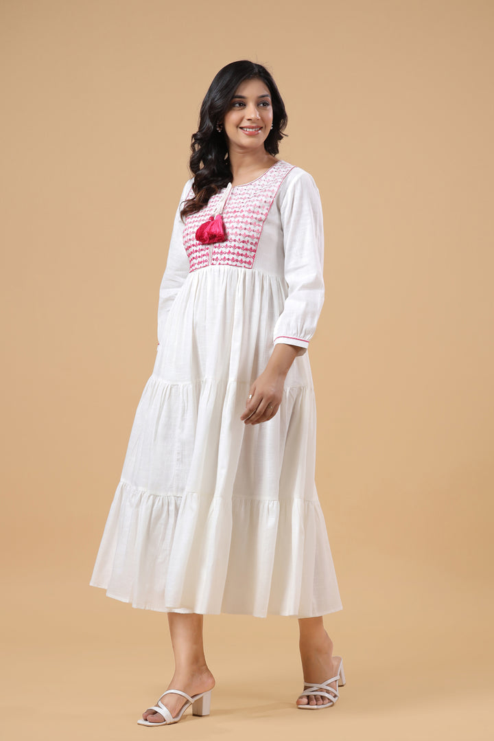 White Cotton Pink Ombre Embroidered Tiered Dress