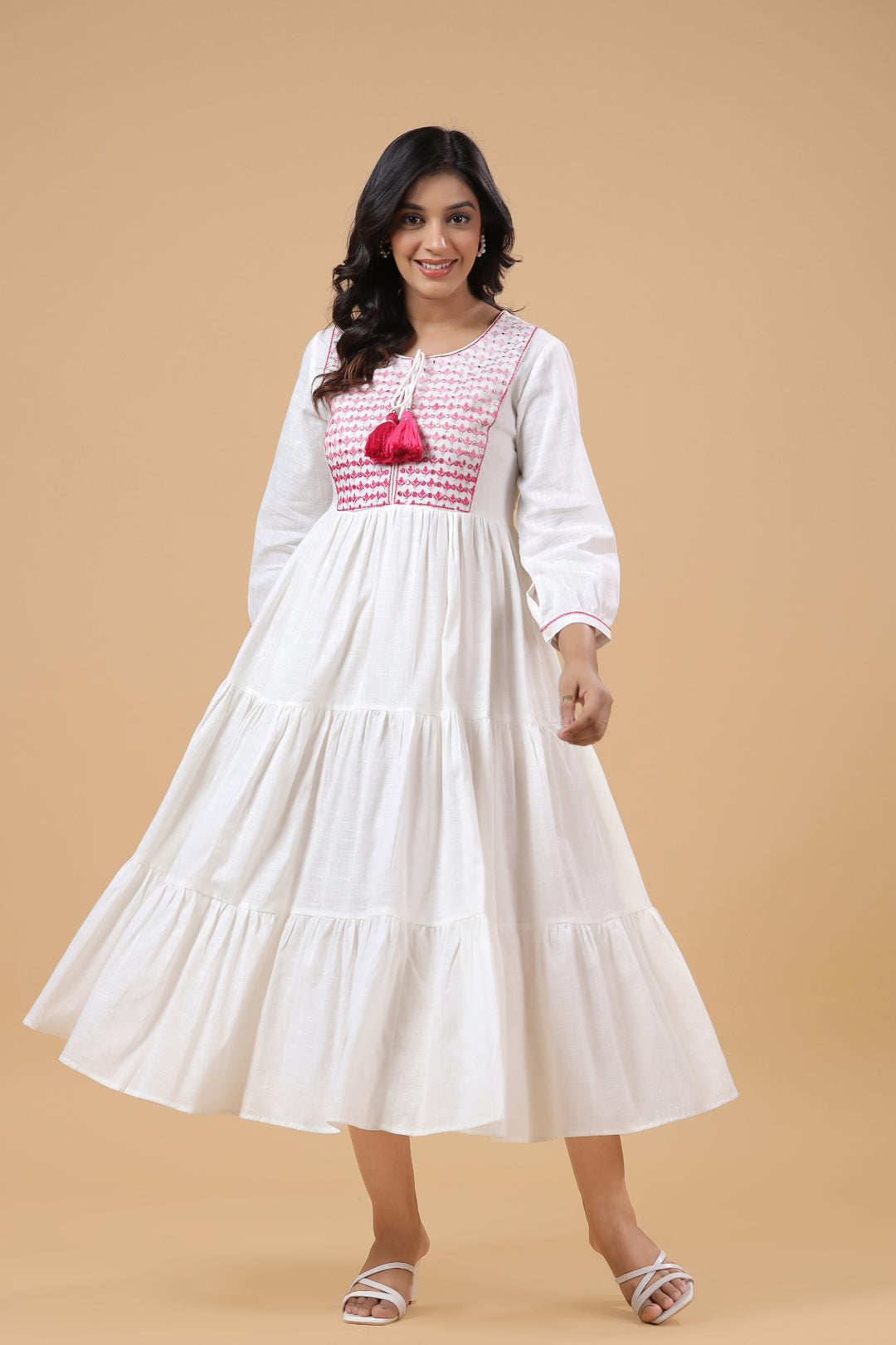 White Cotton Pink Ombre Embroidered Tiered Dress