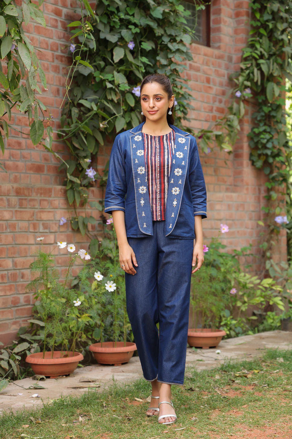 Blue Denim embroidered Jacket with Bottom and Inner Coord Set
