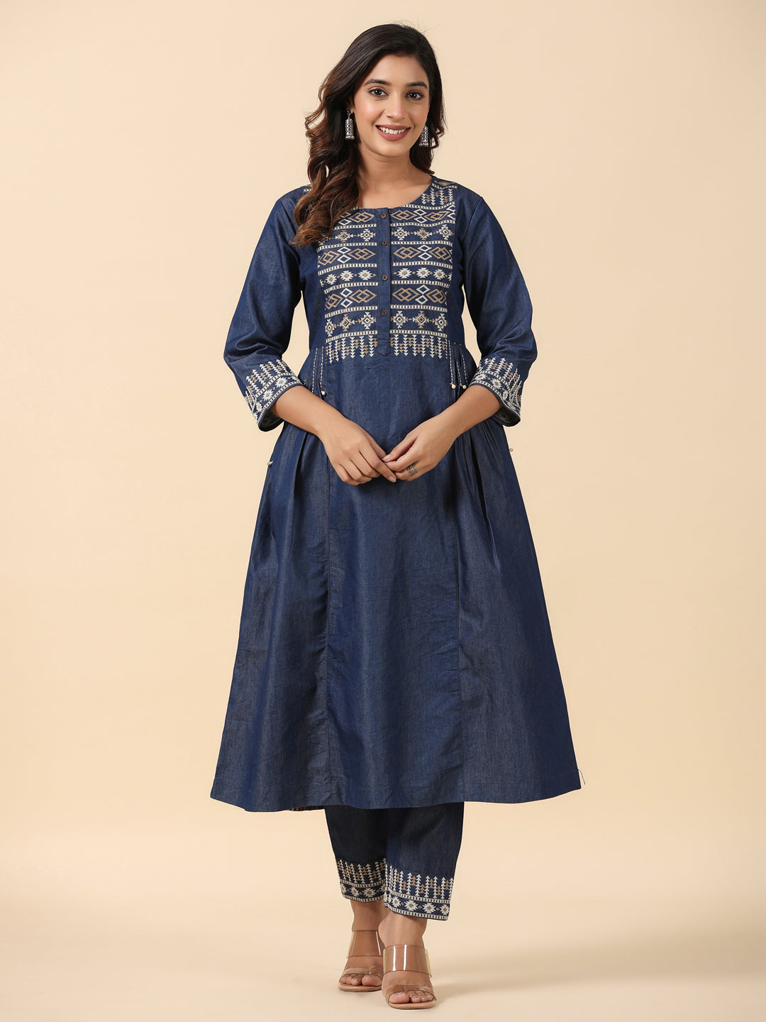 Denim Blue A Line Embroidered Kurta Pant Set