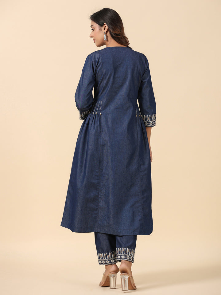 Denim Blue A Line Embroidered Kurta Pant Set