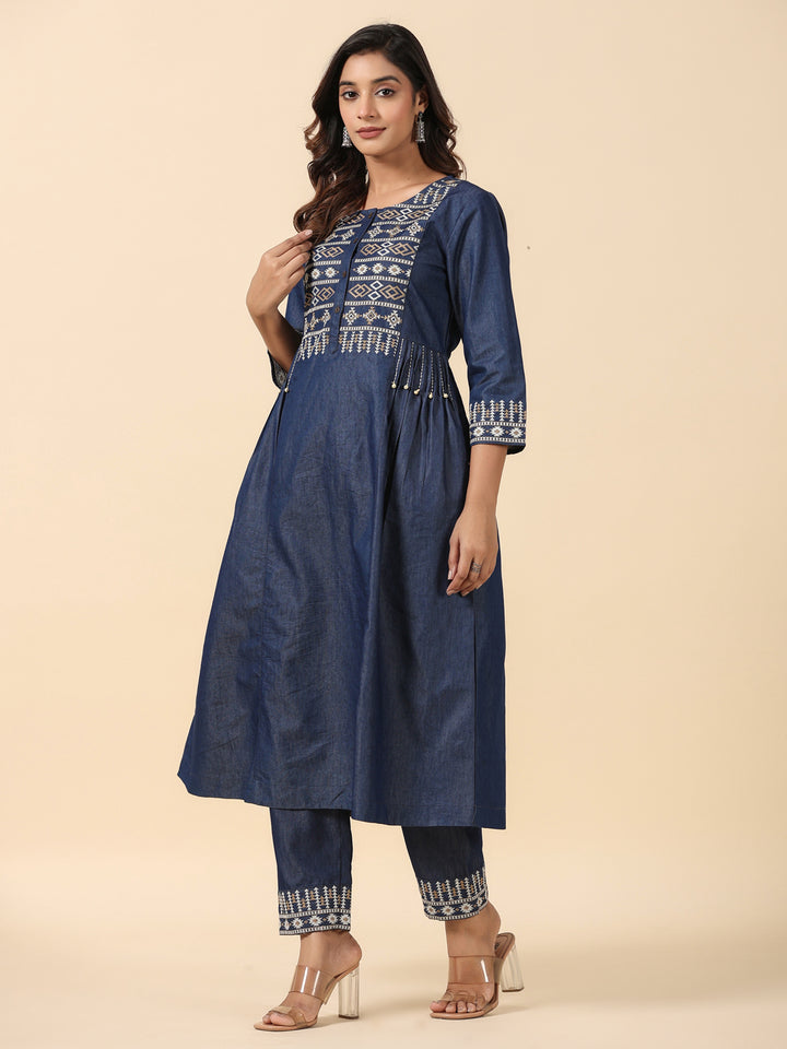 Denim Blue A Line Embroidered Kurta Pant Set