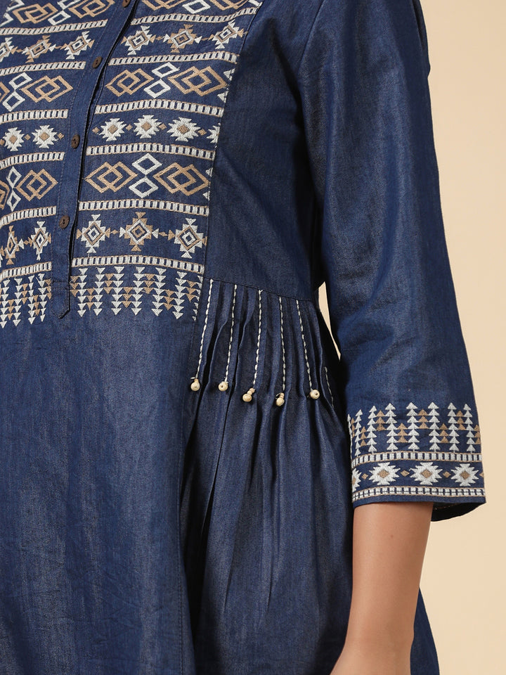 Denim Blue A Line Embroidered Kurta Pant Set