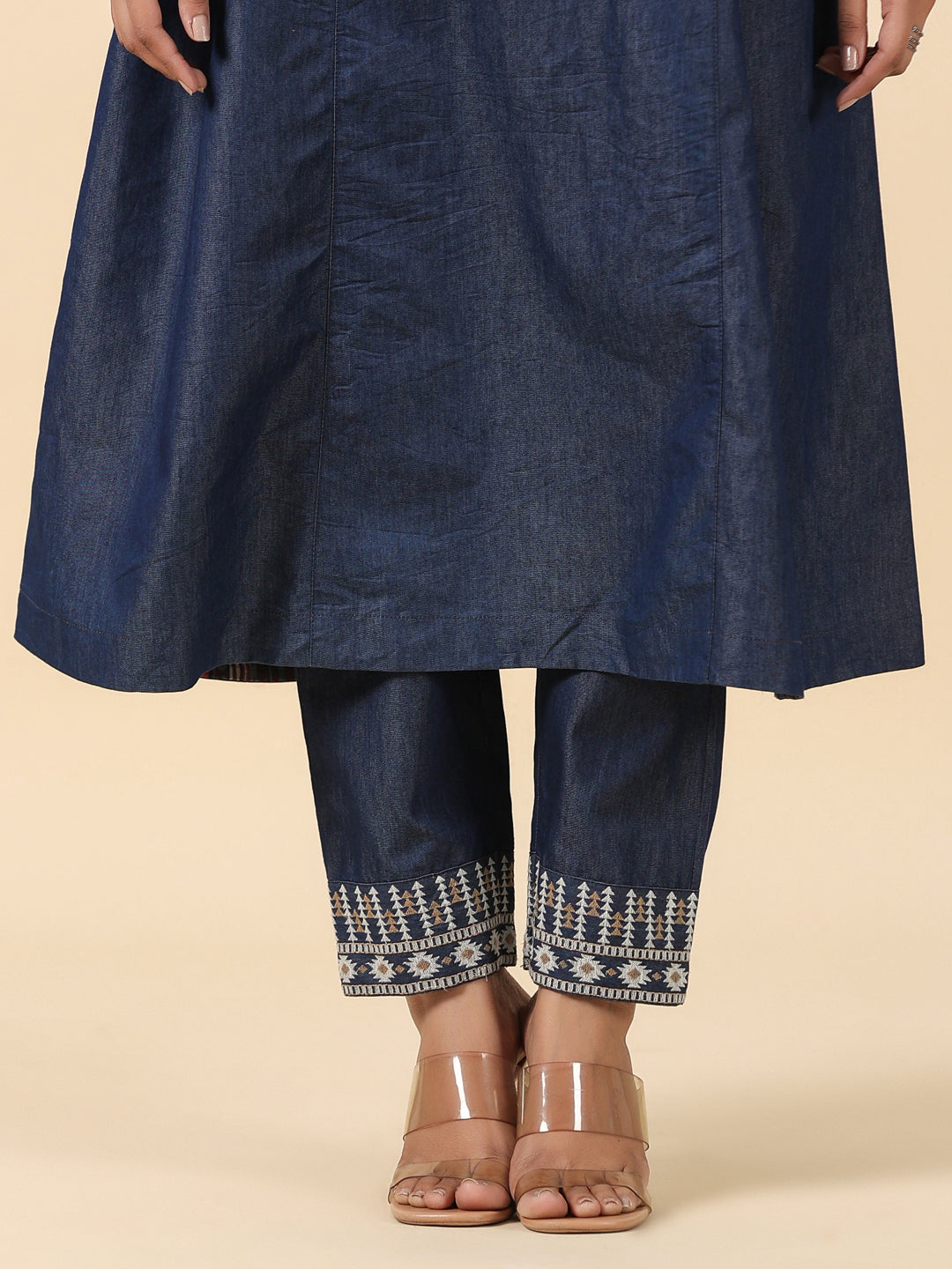 Denim Blue A Line Embroidered Kurta Pant Set