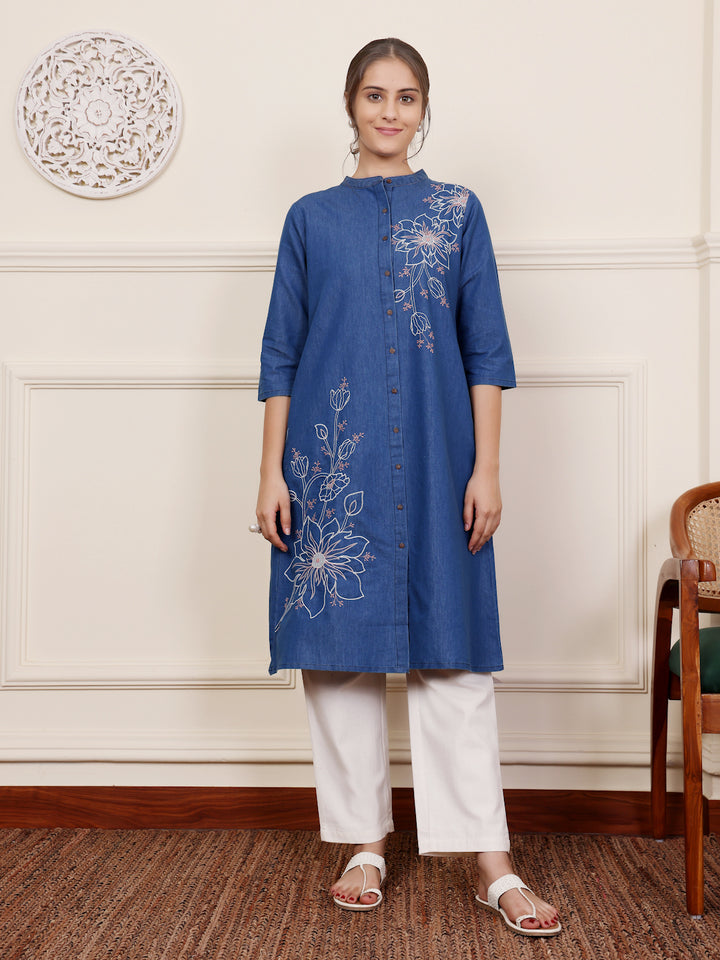 Blue Denim Embroidered Trendy Kurta