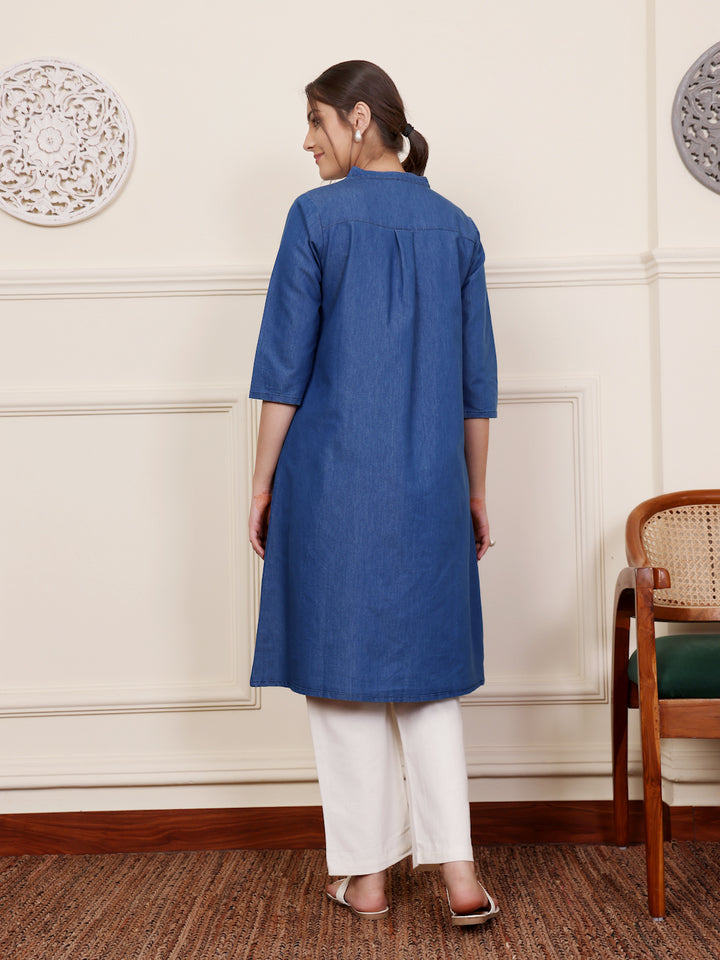 Blue Denim Embroidered Trendy Kurta