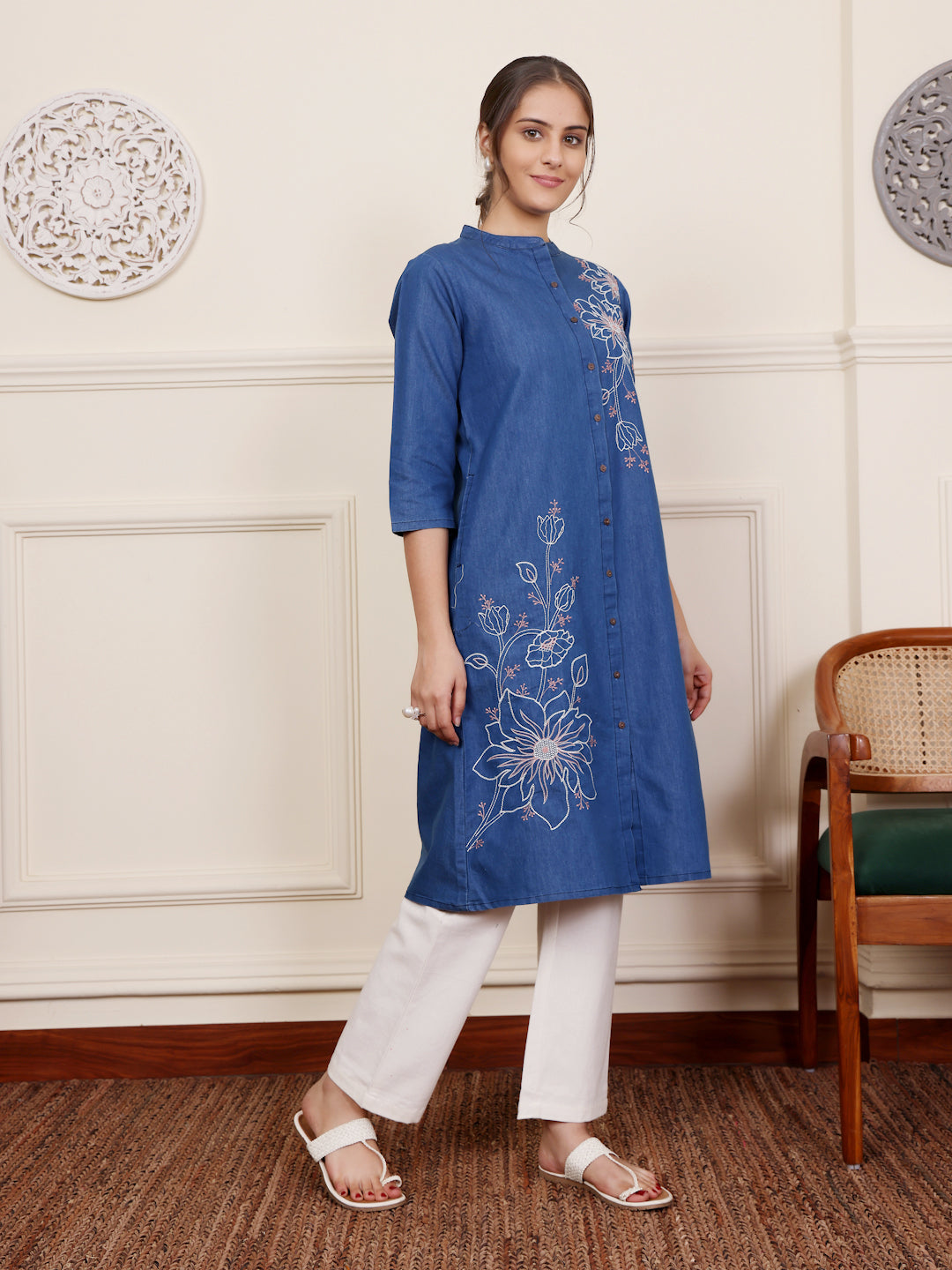 Blue Denim Embroidered Trendy Kurta