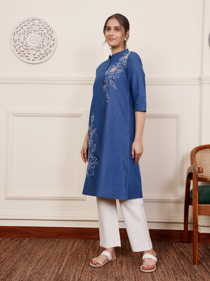 Blue Denim Embroidered Trendy Kurta