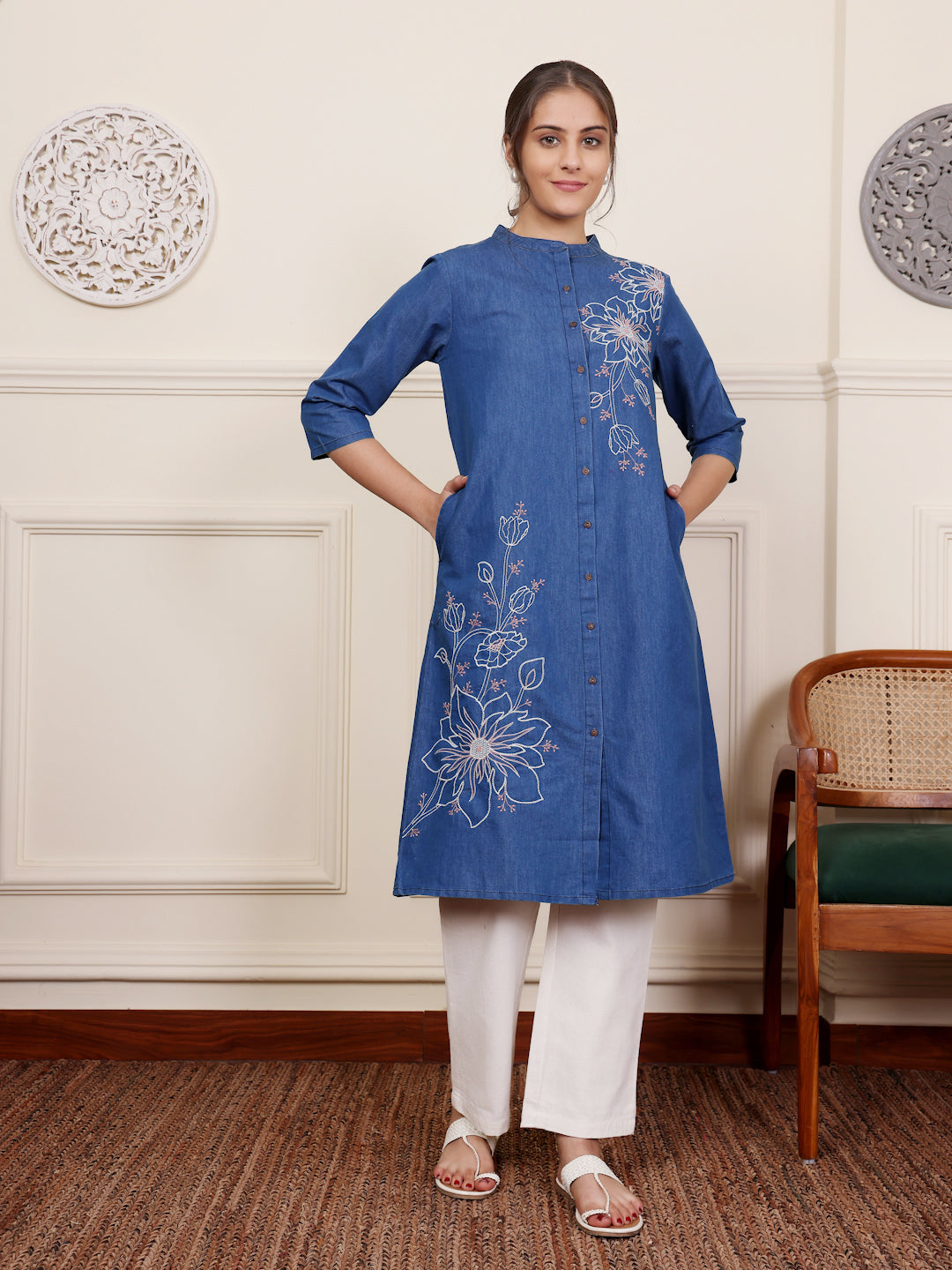 Blue Denim Embroidered Trendy Kurta