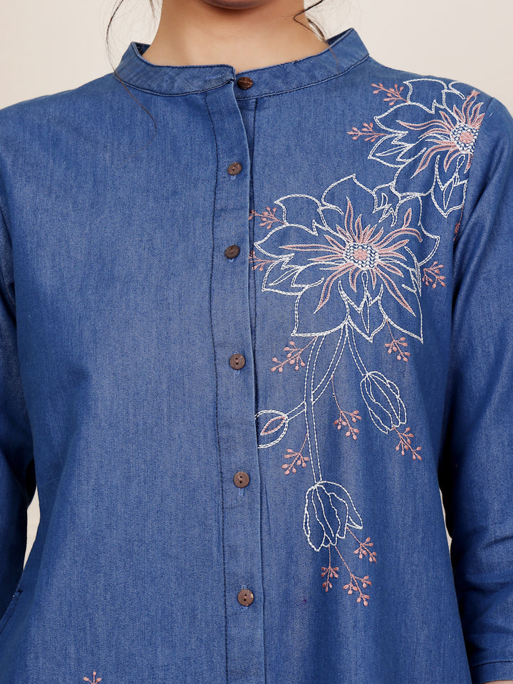 Blue Denim Embroidered Trendy Kurta