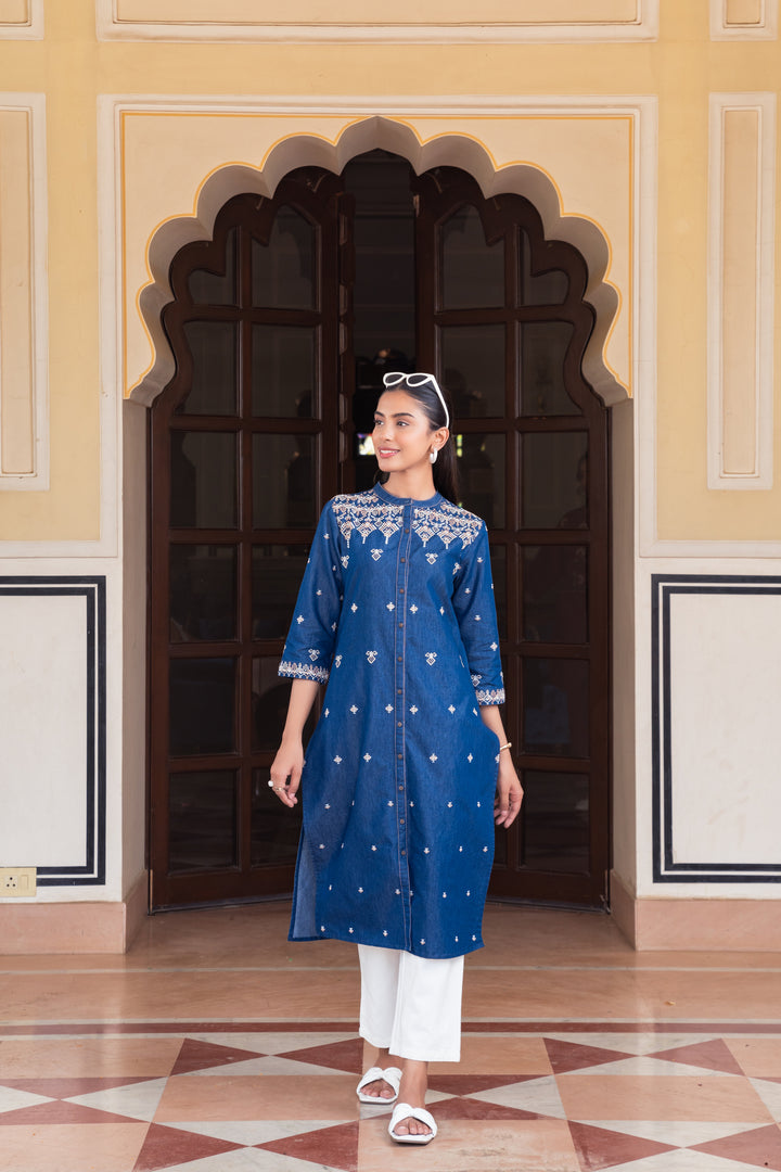 Blue Denim Embroidered Designer Straight Kurta