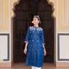 Blue Denim Embroidered Designer Straight Kurta