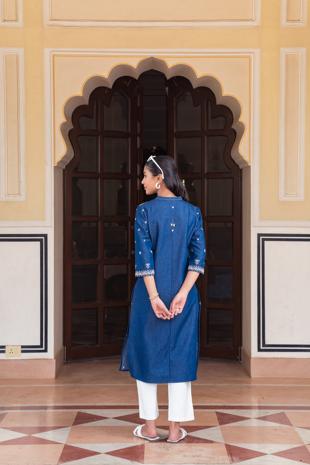 Blue Denim Embroidered Designer Straight Kurta