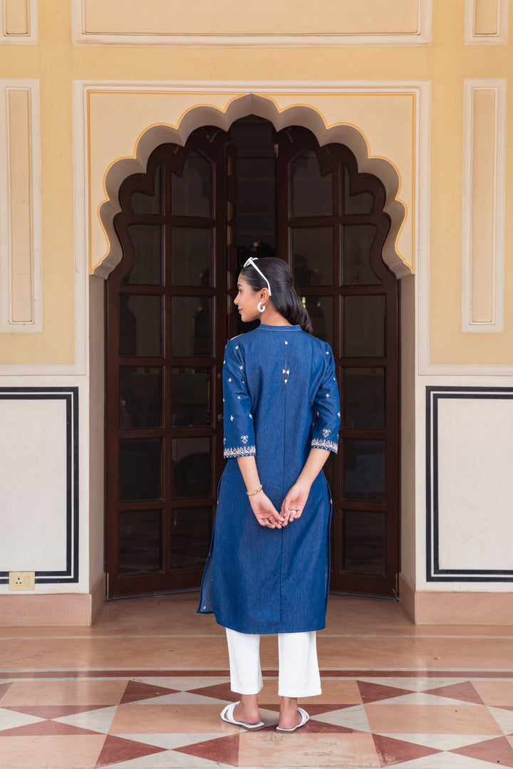 Blue Denim Embroidered Designer Straight Kurta