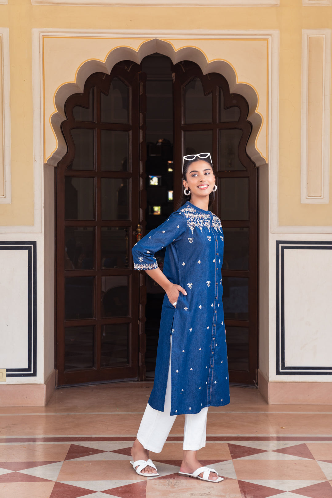 Blue Denim Embroidered Designer Straight Kurta