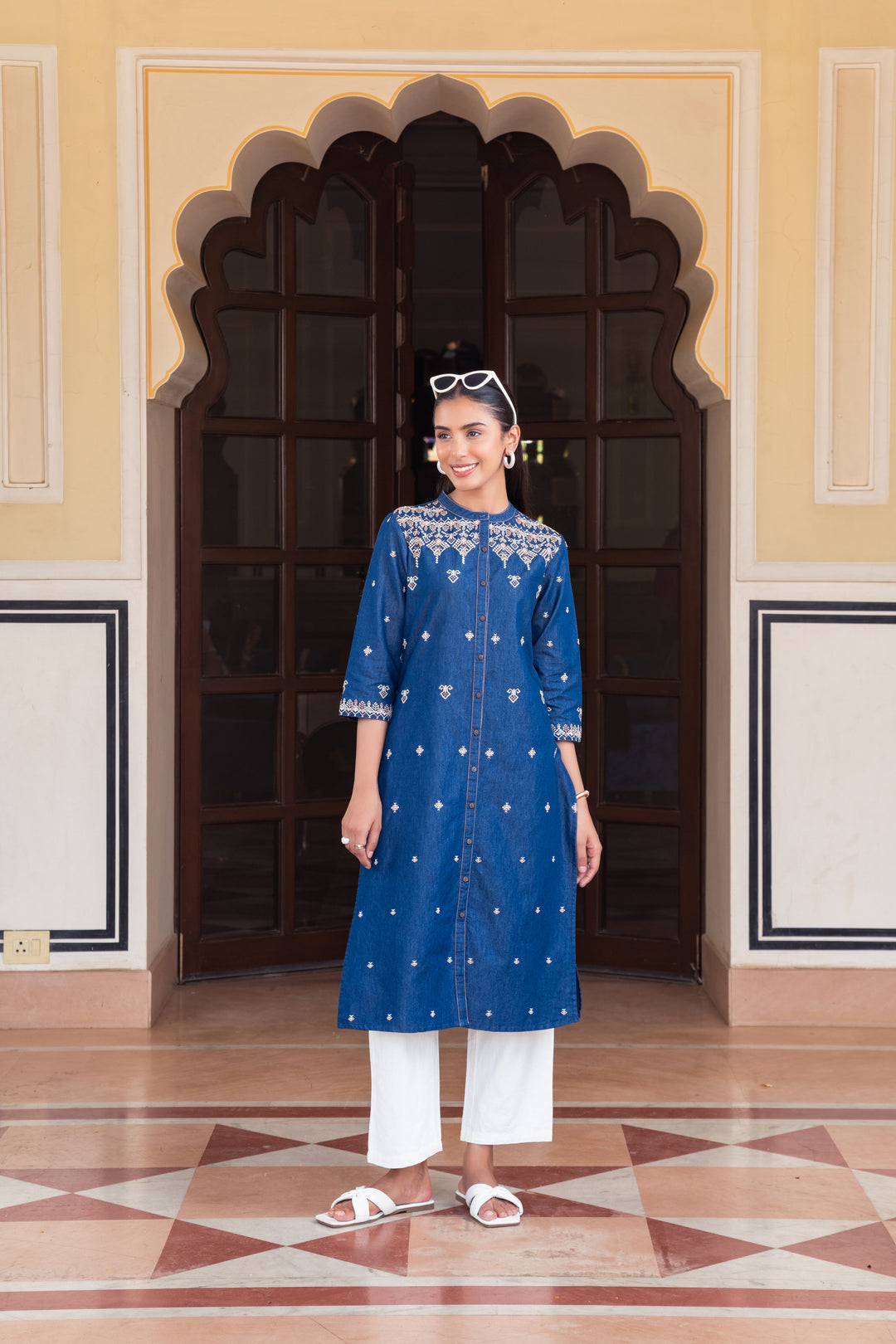 Blue Denim Embroidered Designer Straight Kurta