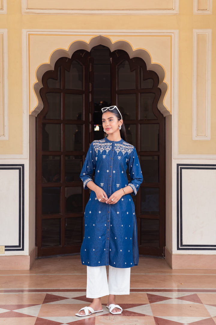 Blue Denim Embroidered Designer Straight Kurta