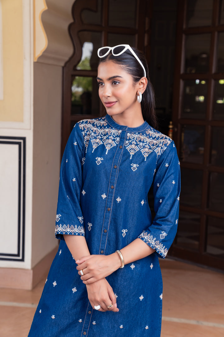 Blue Denim Embroidered Designer Straight Kurta