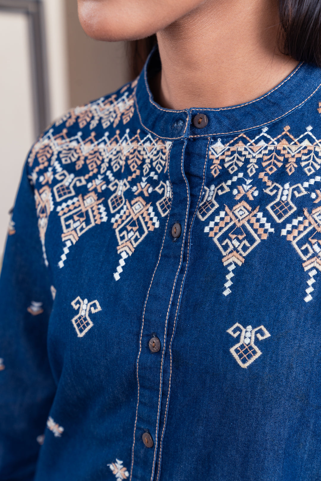 Blue Denim Embroidered Designer Straight Kurta