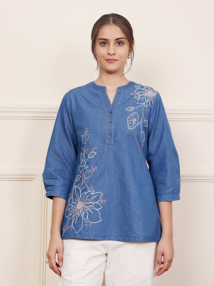 Blue Cotton Denim Embroidered Top