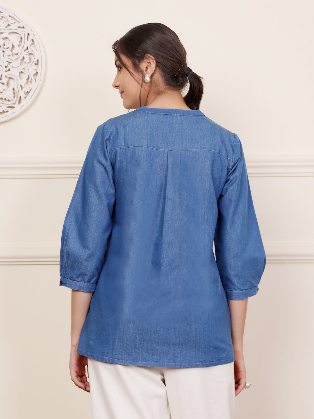 Blue Cotton Denim Embroidered Top