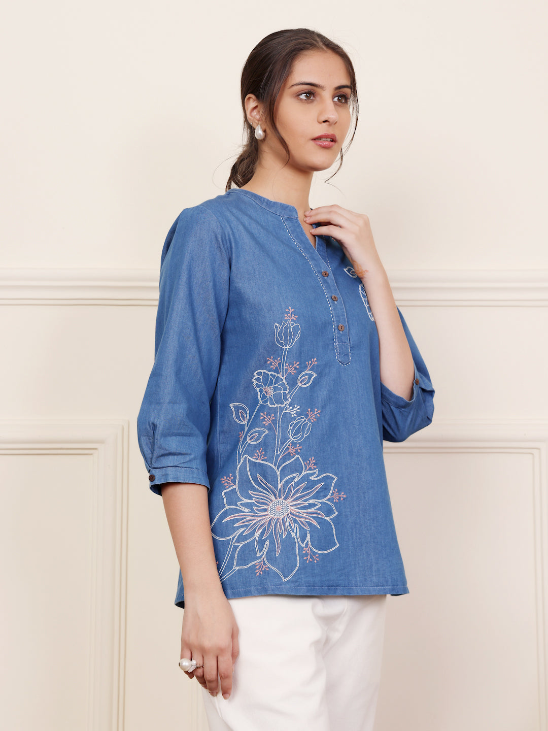 Blue Cotton Denim Embroidered Top