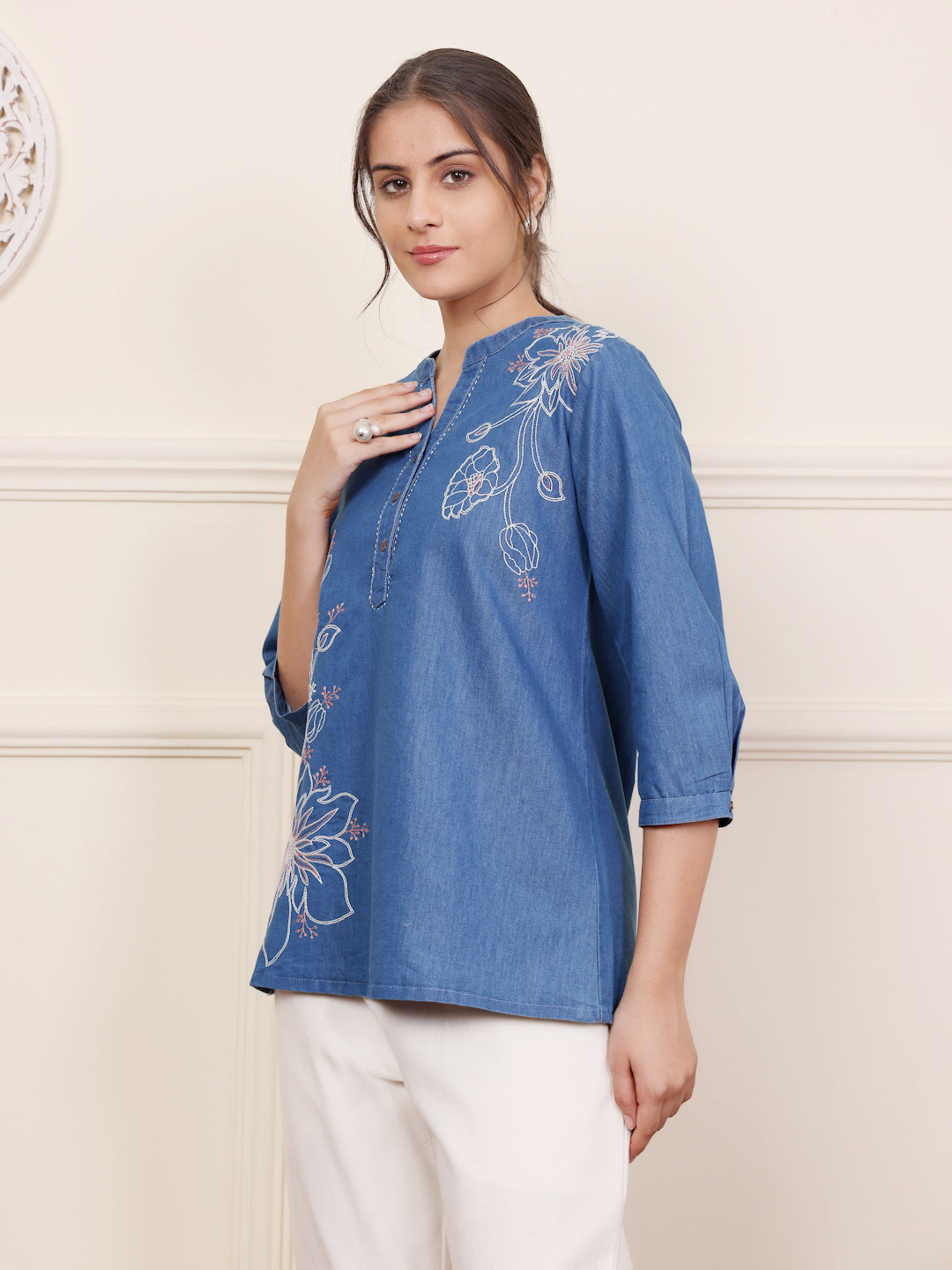 Blue Cotton Denim Embroidered Top