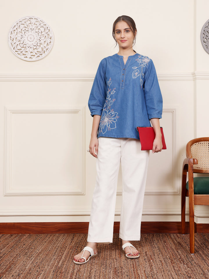 Blue Cotton Denim Embroidered Top