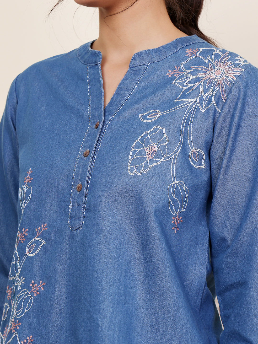 Blue Cotton Denim Embroidered Top