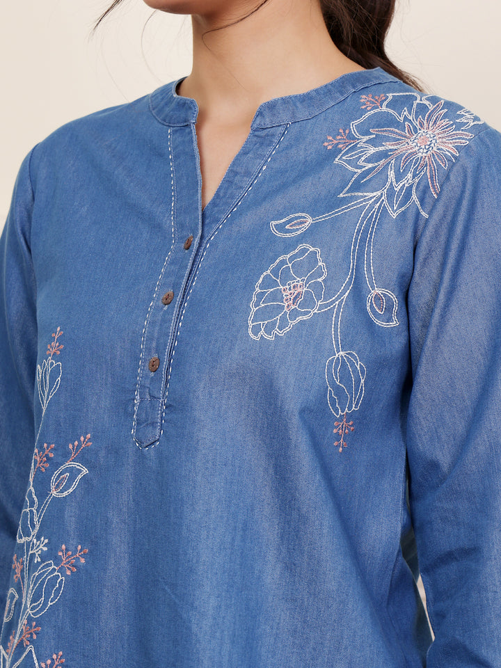 Blue Cotton Denim Embroidered Top