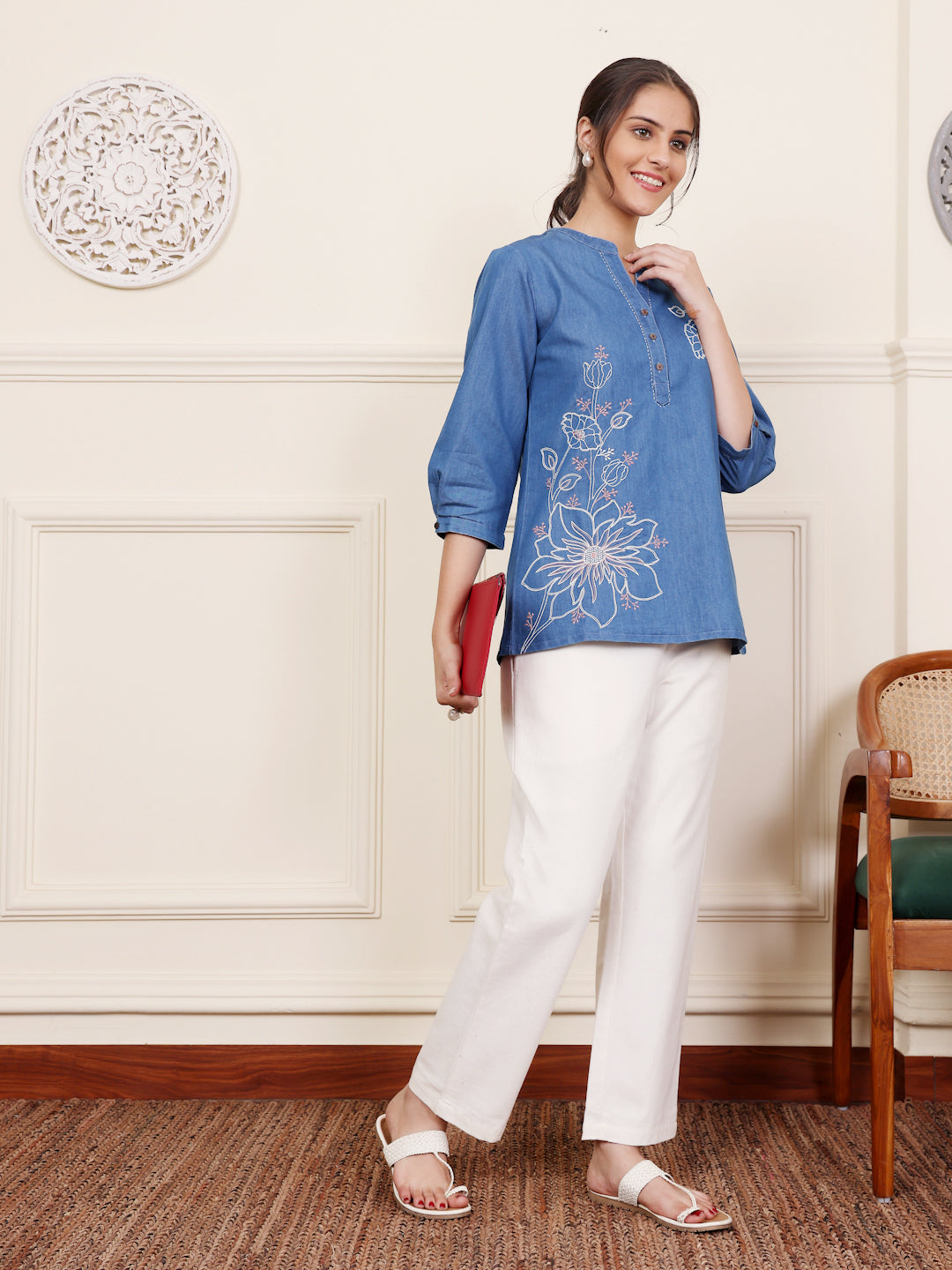 Blue Cotton Denim Embroidered Top