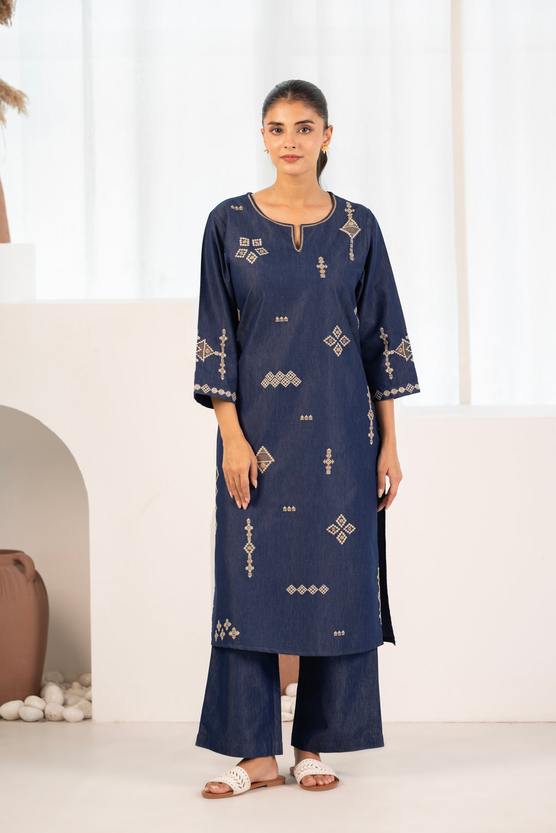 Blue Denim Embroidered Designer Kurta