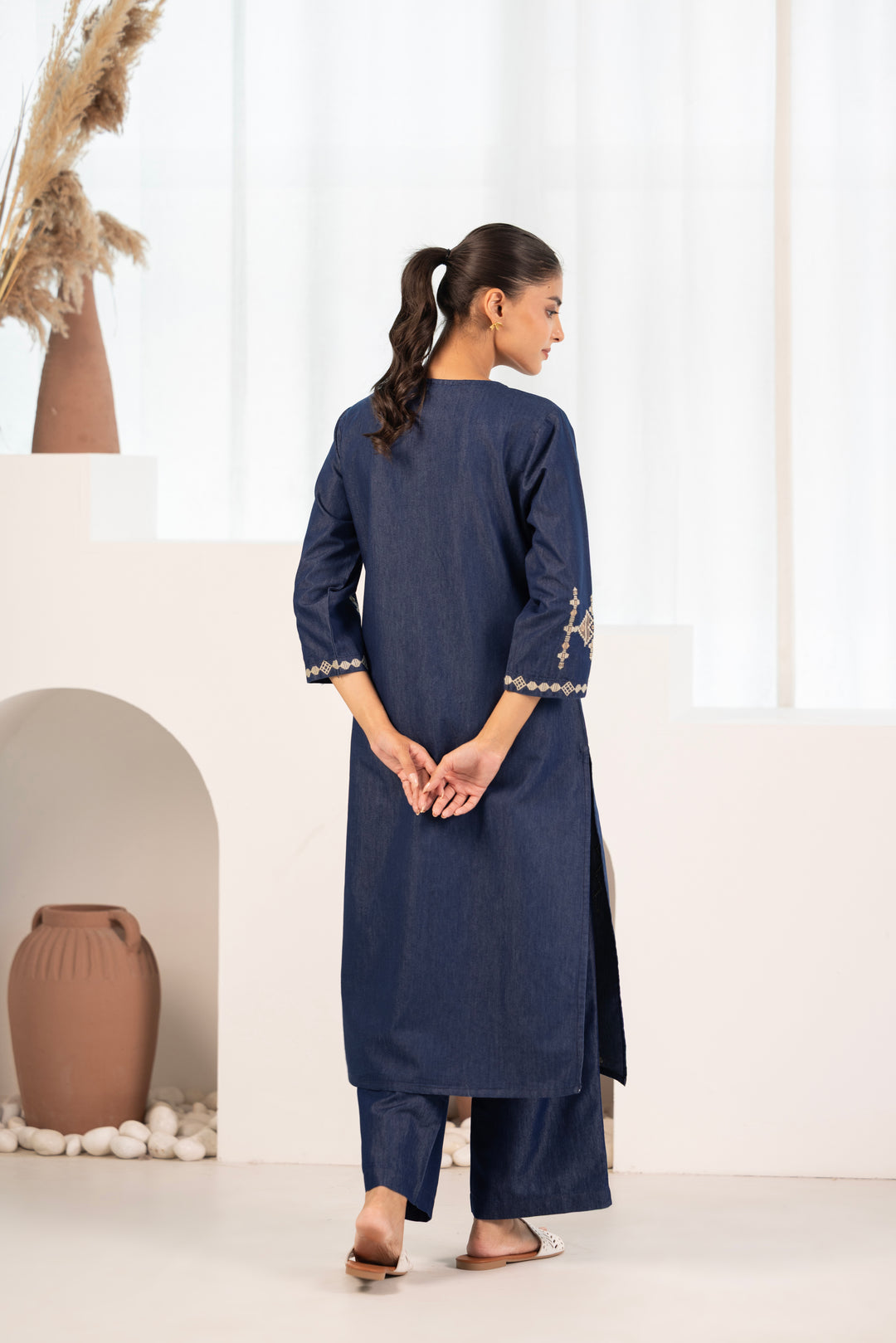 Blue Denim Embroidered Designer Kurta