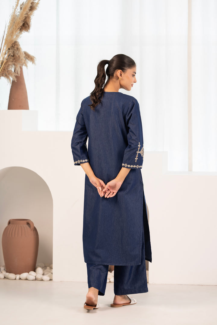 Blue Denim Embroidered Designer Kurta