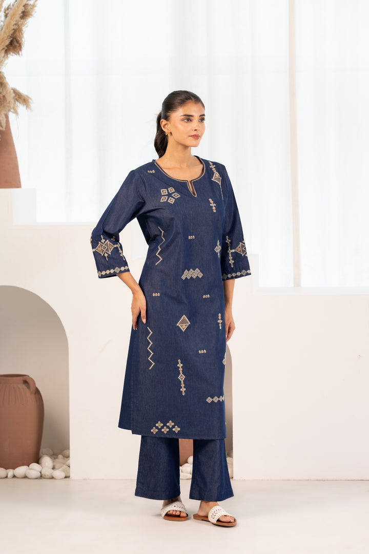 Blue Denim Embroidered Designer Kurta