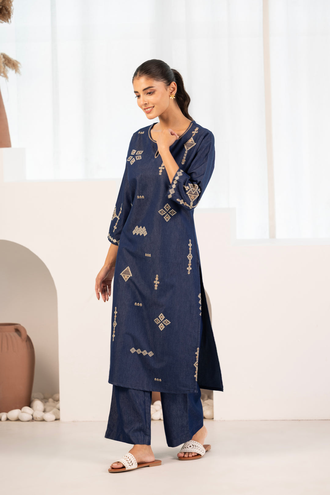 Blue Denim Embroidered Designer Kurta