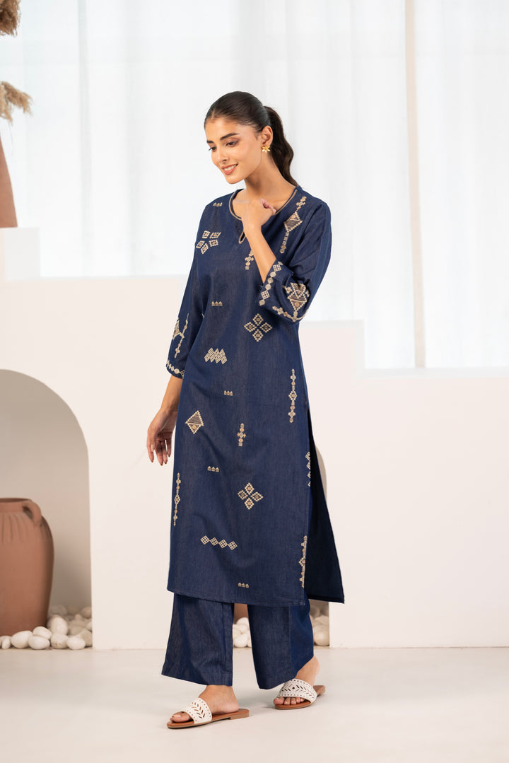 Blue Denim Embroidered Designer Kurta