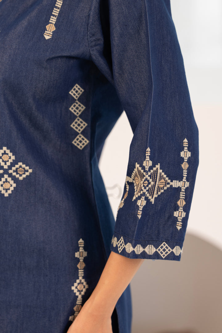 Blue Denim Embroidered Designer Kurta