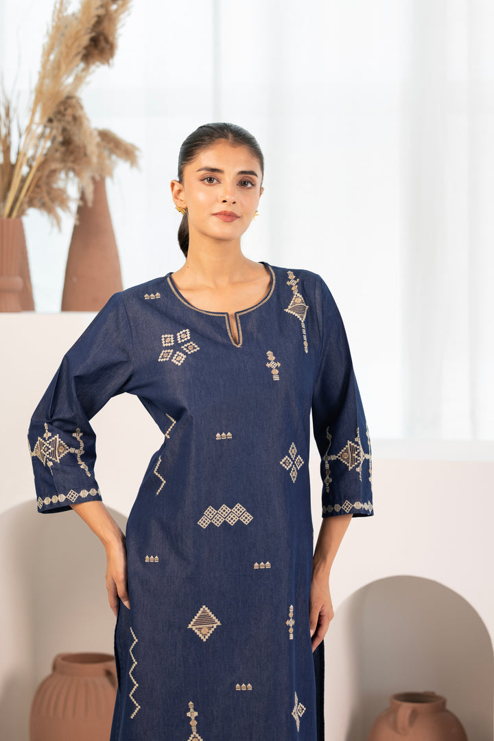 Blue Denim Embroidered Designer Kurta