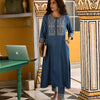 Blue Cotton Blend Embroidered Work Embroidery A-Line Kurta Pant