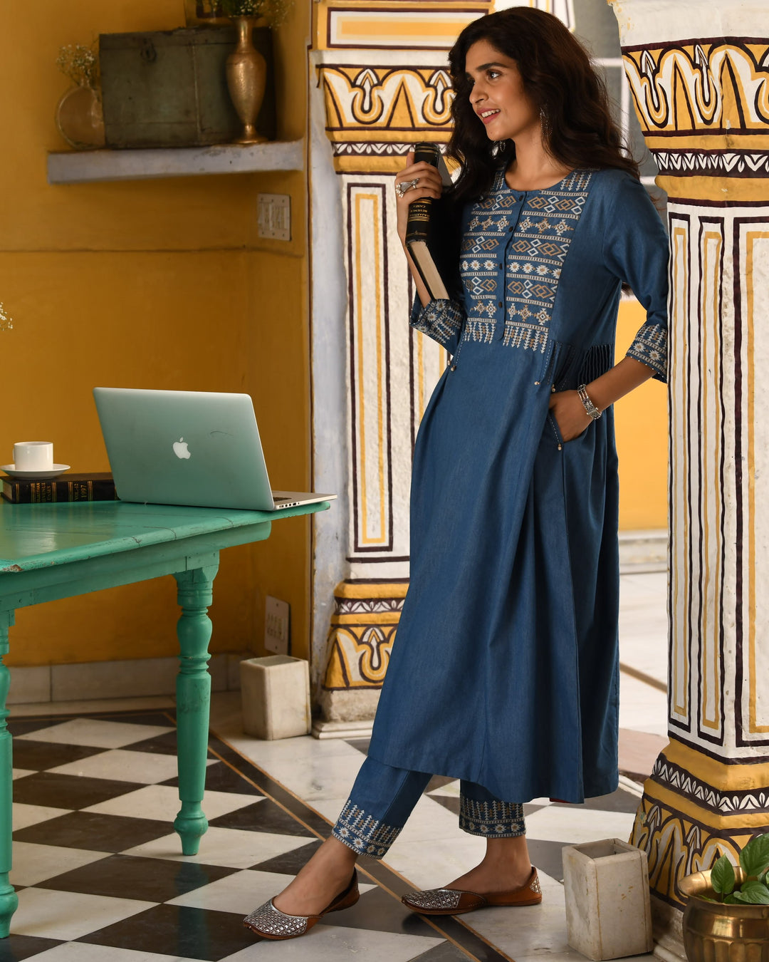 Blue Cotton Blend Embroidered Work Embroidery A-Line Kurta Pant