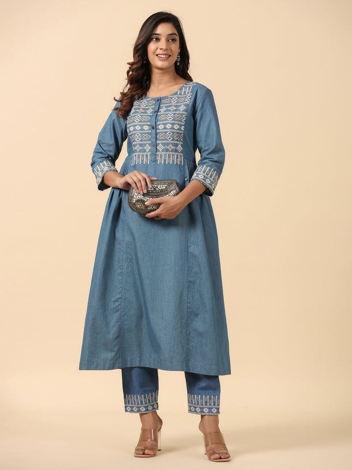 Blue Cotton Blend Embroidered Work Embroidery A-Line Kurta Pant