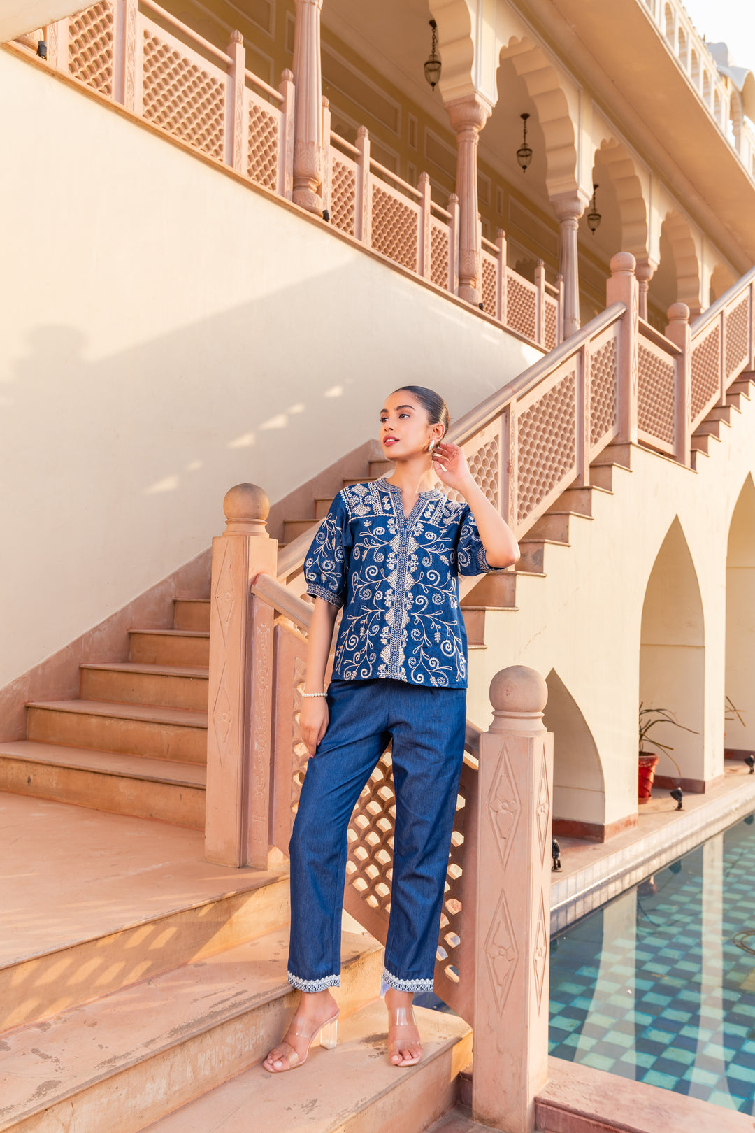 Blue Denim Embroidered Straight Fit Top
