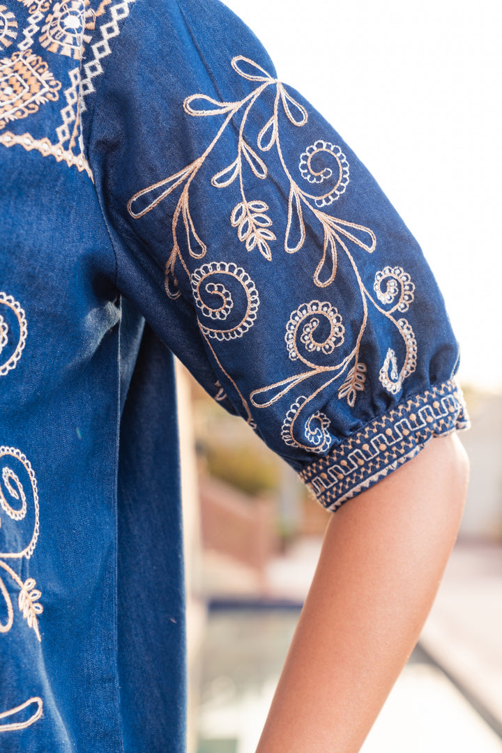 Blue Denim Embroidered Straight Fit Top